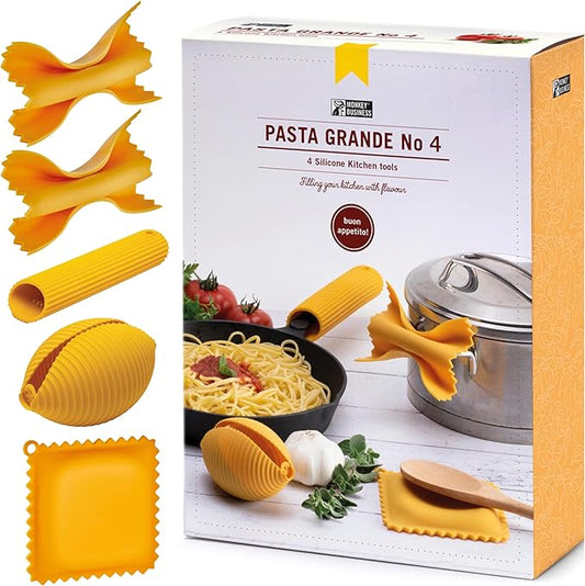 Monkey Business Silicone Kitchen Tools in Gift Box/ 4 Big Pasta shaped kitchen gadgets/Farfalloni Pot Grips, Ravioli Spoon Rest, Conchiglie Lemon Squeezer and Penne Pan Grip/Pasta Grande No. 4