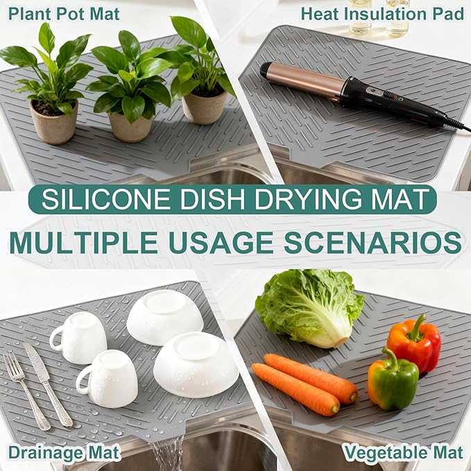 Silicone Dish Drying Mat 23x17,Food-Grade Silicone,Easy Clean Pad for Countertop Protection,Heat Resistant,Easy Clean,Non-Slip Drain Pad with Built-in Drain,Multi-Functional Use,Gray - Image 6