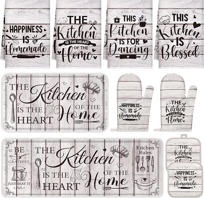 Fourluoo 10 Pcs Farmhouse Kitchen Decor and Accessories Set 4 Kitchen Towels 2 Pot Holders 2 Oven Mitts 2 Rugs for Cooking Baking Mom Housewarming Gifts (Unadorned Color,Stitched Wood Grain) by Fourluoo