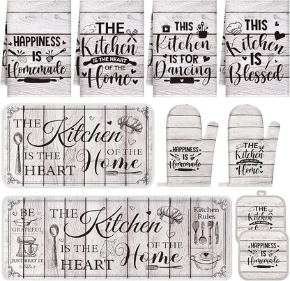 Fourluoo 10 Pcs Farmhouse Kitchen Decor and Accessories Set 4 Kitchen Towels 2 Pot Holders 2 Oven Mitts 2 Rugs for Cooking Baking Mom Housewarming Gifts (Unadorned Color,Stitched Wood Grain) by Fourluoo