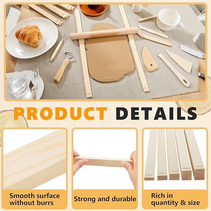 Sasylvia 10 Pcs Pottery Rolling Pin Guides Wood Teaching Rolling Mud Stick Guide Set Polymer Clay Depth Guide Pottery Tools Clay Mudboard Tools (5 Size Lengthen,Wood Color) - Image 3