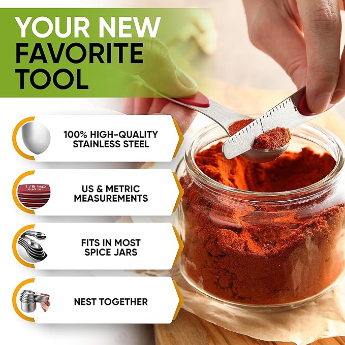 Spring Chef Magnetic Measuring Cups & Spoons Set, Patented, Strong N45 Magnets, Heavy Duty Stainless Steel Fits in Spice Jars for Baking & Cooking, BPA Free, Round Set of 15 with Leveler, Red - Image 5