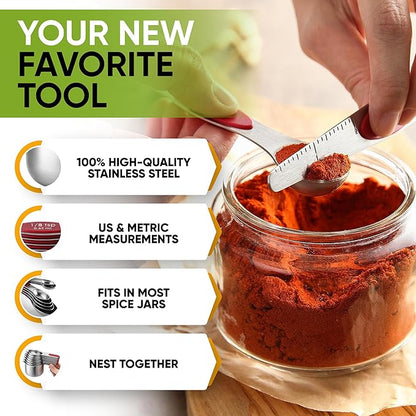 Spring Chef Magnetic Measuring Cups & Spoons Set, Patented, Strong N45 Magnets, Heavy Duty Stainless Steel Fits in Spice Jars for Baking & Cooking, BPA Free, Round Set of 15 with Leveler, Red - Image 5