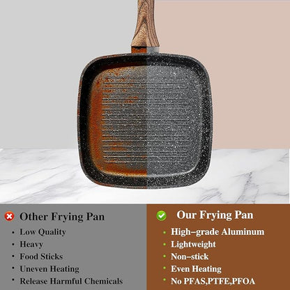 3 Pcs Pots and Pans Set, Nonstick & Non-Toxic Healthy Pots and Pans with Wooden Handle, Durable Skillet Indoor & Outdoor Use, All Stovetops Compatible, PFOA Free, Black