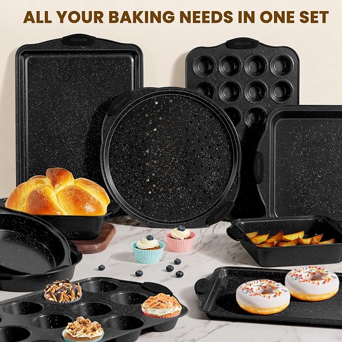 Kikcoin 22 PCS Nonstick Baking Pans Set, Stackable Bakeware Sets with Silicone Handles, 450°F Oven Safe Baking Sheet set, Easy Release Cookie Sheets for Baking, Black - Image 7