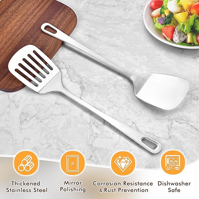 Stainless Steel Spatula, Metal Spatula Slotted Turner, Heavy Duty Sturdy Spatulas for Kitchen Use, High Heat Resistant Cooking Utensils for Fish Eggs Pancakes, Dishwasher Safe, Easy to Clean, Silver - Image 2