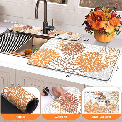 Findosom 2PCS 16" x 24" Fall Dish Drying Mat & 24" x 5.5" Sink Splash Guard, Super Absorbent & Cuttable Dish Mat Drying Kitchen Mat with Orange Floral, Hide Stain Drying Mat for Kitchen Counter - Image 2