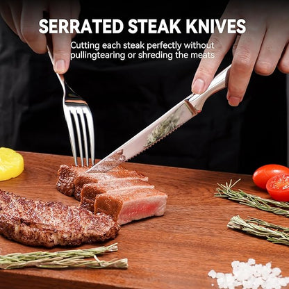 Serrated Steak Knife Set of 8 with Block Holder, Steak Knife with Storage Box Drawer Insert Organizer Bamboo Case, Dishwasher Safe, Silver