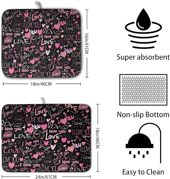 Mother's Day Dish Drying Mat for Kitchen Counter Love Heart Black Drying Mats Absorbent Reversible Microfiber Dish Pad Washable Dish Draining Mat Extra Large 16x18 inch - Image 2