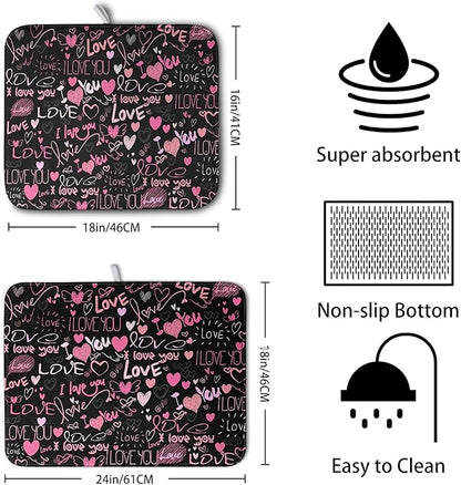 Mother's Day Dish Drying Mat for Kitchen Counter Love Heart Black Drying Mats Absorbent Reversible Microfiber Dish Pad Washable Dish Draining Mat Extra Large 16x18 inch - Image 2