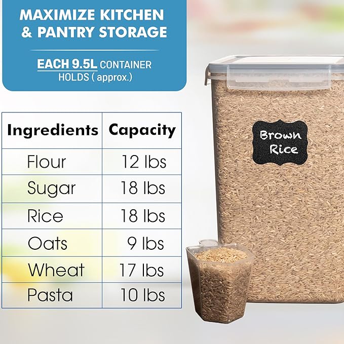 Shazo 2 PC (9.5L | 321 Oz) Extra Large Bulk Food Storage Containers with Airtight Lids for Flour, Sugar, Rice, Cereal & Pasta - Leakproof, BPA-Free Plastic Canisters for Kitchen & Pantry Organization - Image 4