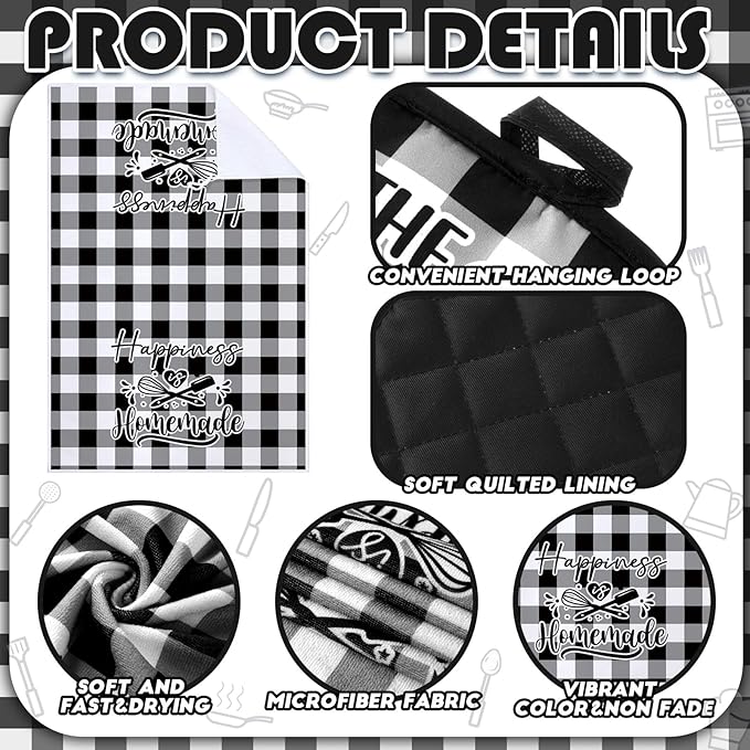 Sratte 6 Pcs Kitchen Decor Accessories Set Farmhouse Towels Pot Holders Oven Mitts Set 2 Dish Towels 2 Potholders 2 Cooking Mittens Oven Glove for Christmas Baking Cooking Supply(Black White,Kitchen) - Image 6