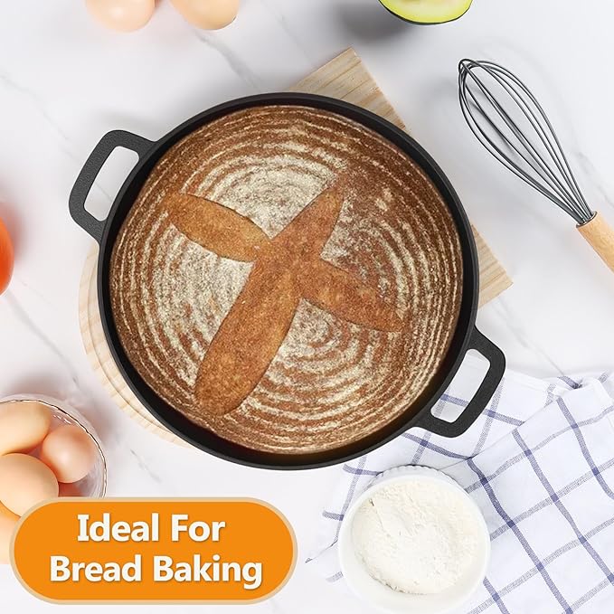 P&P CHEF 5Qt Dutch Oven Pot for Bread Baking (Black), 2 In 1 Round Cast Iron Dutch Oven with Lid Set, Skillet & Pot for Roasting Braising Stewing Frying Simmering, Multi Stoves & Oven Safe - Image 5