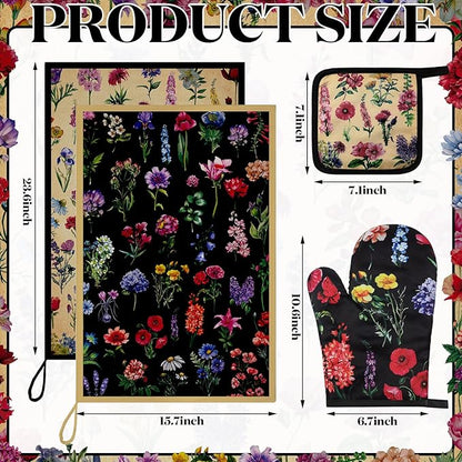 Bencailor 6 Pcs Vintage Wildflower Kitchen Towels Oven Mitts and Pot Holders Set Decorative Dish Towels Tea Washcloth Non Slip Heat Resistant Oven Gloves for Summer Home Cooking Baking, Cute Color - Image 3