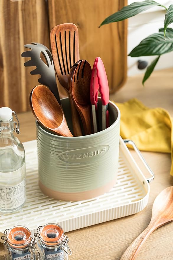 YHOSSEUN Kitchen Utensil Holder, Ceramic Utensil Holder for Kitchen Counter 6.7" Large Cooking Utensil Crock Farmhouse Utensil Organizer Storage, Oval Opening, Green - Image 5