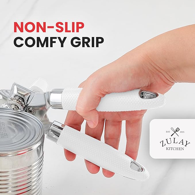 Zulay Kitchen Heavy Duty Stainless Steel Can Opener Manual with Large Bottle Opener - Manual Can Opener with Turn Knob with Soft Grip Handles - White - Image 5