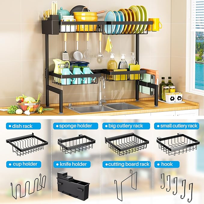 ARSTPEOE 2 Tiers 4 Baskets (one More Than Others) Over The Sink Dish Drying Rack,fits All Sinks (from 24.8" to 35.4"),2-Tier Adjustable Sink Rack,Dishes Rack Kitchen Storage Organizer Space Saving - Image 2