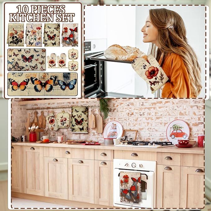 Fourluoo 10 Pcs Butterfly Kitchen Dish Towels Rugs Oven Mitts and Pot Holders Set Farmhouse Kitchen Decor Set for Women Mom Daughter Gift Cooking Baking Grilling(Classic Colors)