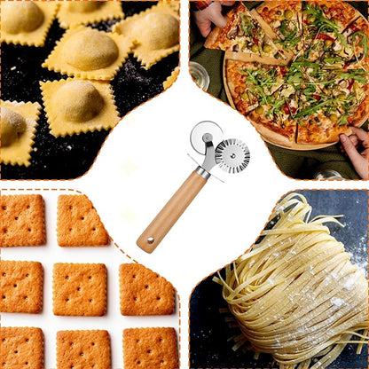 Oruola Pastry Cutter for Baking,Double Fluted Pastry Cutter Wheel,Double-Blade Pasta Cutters,Stainless Steel Double Roller Dough Cutters with Wooden Handle for Pizza,Ravioli,Cookies