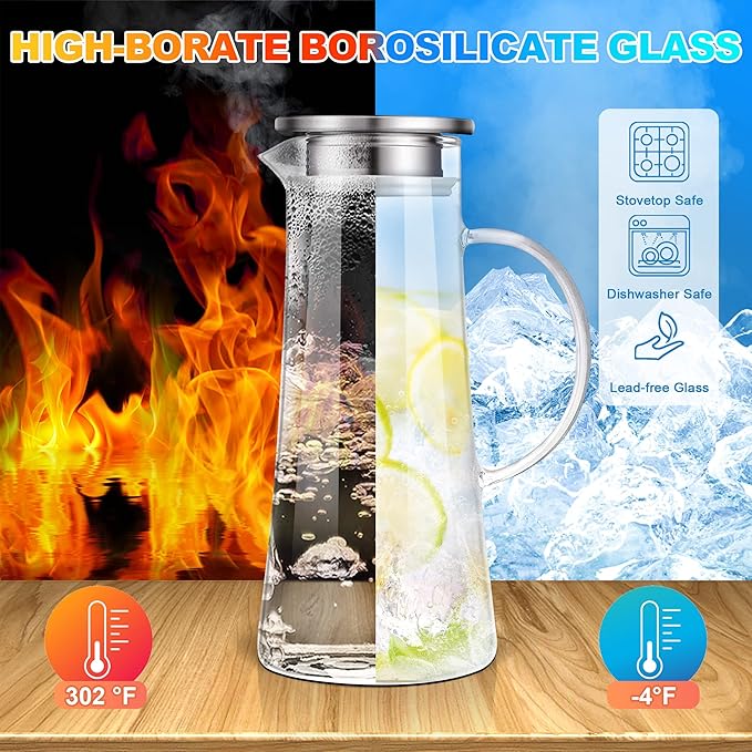 SUSTEAS 1.5 Liter 51oz Glass Pitcher with Lid, Easy Clean Heat Resistant Glass Water Carafe with Handle for Hot/Cold Beverages - Water, Cold Brew, Iced Tea & Juice, With 1 Long-Handled Brush Included - Image 2