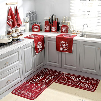 Fourluoo 10 Pcs Farmhouse Kitchen Decor and Accessories Set 4 Kitchen Towels 2 Pot Holders 2 Oven Mitts 2 Rugs for Cooking Baking Mom Housewarming Gifts(Red,Classic Style) - Image 7