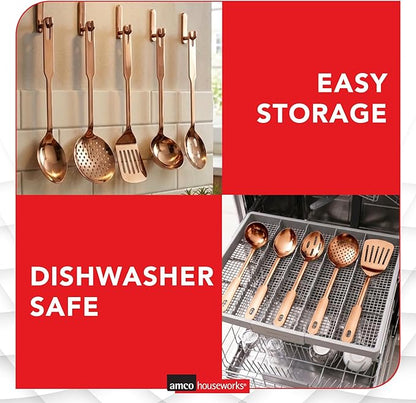 Amco 5-Piece Stainless Steel Cooking Utensil Set, Copper Finish - Includes Kitchen Ladle, Slotted Turner, Skimmer, Solid Spoons - 14" with Hanging Holes for Easy Storage, Durable Kitchen Gadgets - Image 5