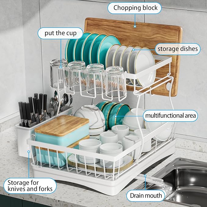 7 code Large Dish Drying Rack, 2-Tier Dish Racks for Kitchen Counter, Detachable Large Capacity Dish Drainer Organizer with Utensil Holder, Dish Drying Rack with Drain Board, White - Image 6