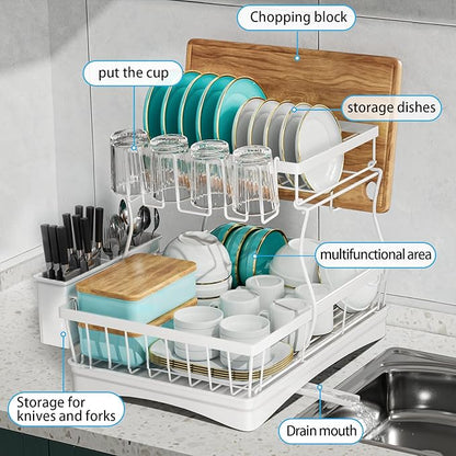 7 code Large Dish Drying Rack, 2-Tier Dish Racks for Kitchen Counter, Detachable Large Capacity Dish Drainer Organizer with Utensil Holder, Dish Drying Rack with Drain Board, White - Image 6
