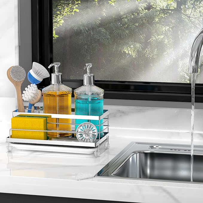 Cisily Stainless Steel Sponge Holder for Kitchen, Sink Caddy Sink Organizer Rack for Kitchen Accessories with Drip Tray, Rustproof and Non-slip, Dish Soap Dispenser Countertop Organizer - Image 7
