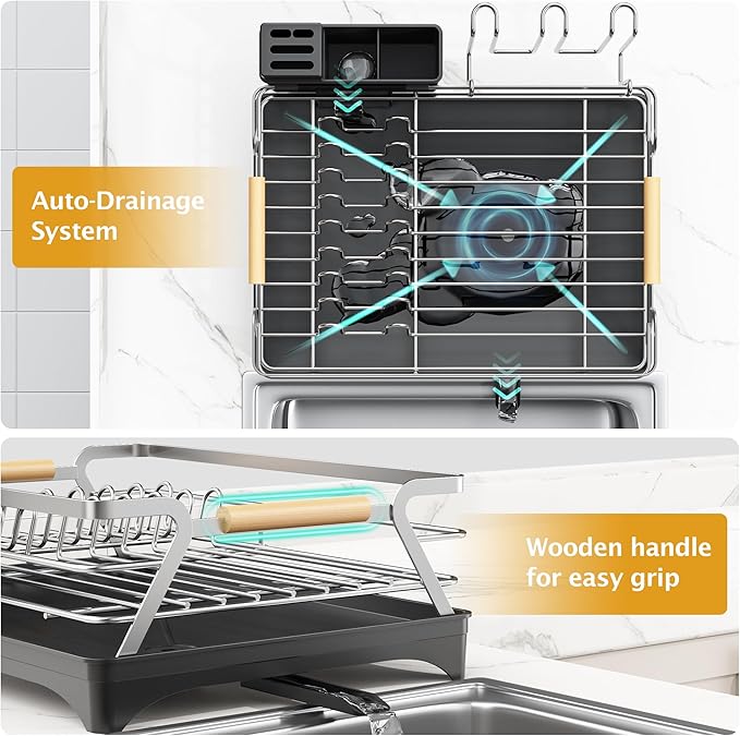 Epicano Dish Drying Rack for Kitchen Counter,Space-Saving Dish Rack,Rustproof Dish Drainer with Utensil Holder and Knife Slots for Sink,Kitchen Drying Rack with Wooden Handle and Cup Holder, Silver - Image 4