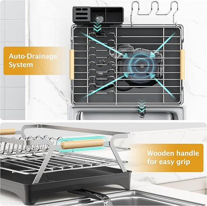 Epicano Dish Drying Rack for Kitchen Counter,Space-Saving Dish Rack,Rustproof Dish Drainer with Utensil Holder and Knife Slots for Sink,Kitchen Drying Rack with Wooden Handle and Cup Holder, Silver - Image 4