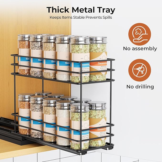 Mystozer Pull Out Spice Rack Organizer for Cabinet, Slide Out Spice Racks, Easy to Install, 4.33" Wx10.43 Dx8.66 H, 1 Drawer 2 Tiers(Black) - Image 4