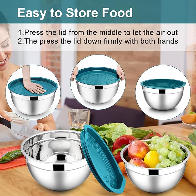E-far Mixing Bowls with Lids, 6-Piece Stainless Steel Salad Bowls Metal Nesting Bowls for Baking Cooking and Prepping, Airtight Lids & Stackable Design, Size 4.5, 3, 1.5 QT (Blue) - Image 7