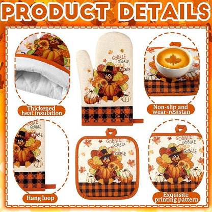 Fanfanwin 10 Pcs Fall Thanksgiving Turkey Kitchen Decor Set Kitchen Towels Pot Holders Oven Mitts and Rugs Set Thanksgiving Towels for Baking Cooking BBQ Autumn Home