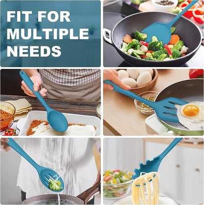 TeamFar Silicone Cooking Utensils Set, 5-Piece Heat Resistant Kitchen Utensils Set, Nonstick Slotted Solid Spoon Turner Pasta Server for Frying, Serving, Mixing, Non-Toxic & Dishwasher Safe, Dark Blue - Image 5