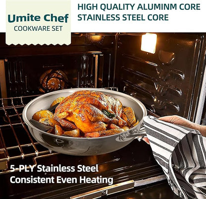 Umite Chef Stainless Steel Cookware Set, 5 Ply 14 Piece Stainless Steel Pot and Pan Set-Induction, Heavy Chef Quality, Oven Safe | Professional Kitchen Cooking Appliances, PFOA, PTFE & PFOS Free - Image 4