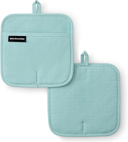 KITCHENAID Gourmet Series Gridlines Pot Holders 2-Pack Set, Heat Resistant up to 600°F, Soft Silicone Grip, Magnetic Cuff, Mineral Water Aqua, 8"x8" by KitchenAid