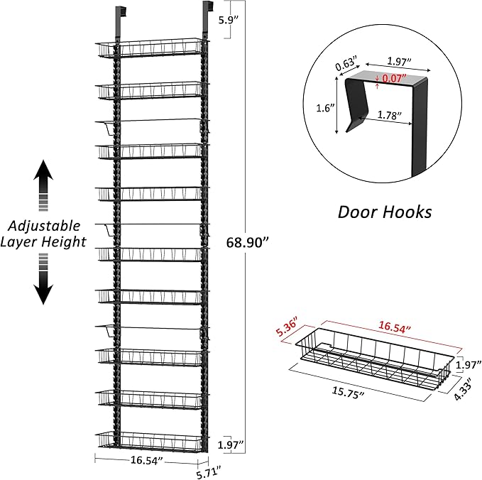 Churboro Over the Door Pantry Organizer Rack with 9 Adjustable Baskets, 9 Tiers Dual-use Hanging or Wall Mount Spice Rack Organizer, Black - Image 2
