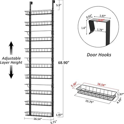 Churboro Over the Door Pantry Organizer Rack with 9 Adjustable Baskets, 9 Tiers Dual-use Hanging or Wall Mount Spice Rack Organizer, Black - Image 2