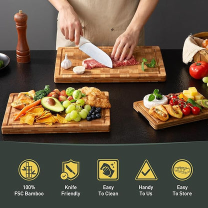 3 Pack Heavy Duty Bamboo Cutting Board Set Non Toxic Wooden Cutting Board for Kitchen Non Slip Solid End Grain Thick Wood Juice Groove Chopping Board Extra Large Butcher Block Best House Warming Gift - Image 7