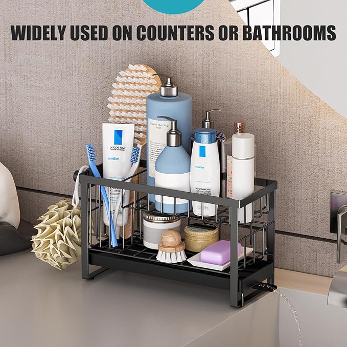 Sponge Holder for Kitchen Sink with Flexible Smiley Face, 2 Tier Kitchen Sink Organizer, Countertop and Storage Essentials, Soap Dispenser Organizer, Home Decor Accessories - Black - Image 7
