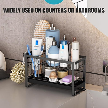Sponge Holder for Kitchen Sink with Flexible Smiley Face, 2 Tier Kitchen Sink Organizer, Countertop and Storage Essentials, Soap Dispenser Organizer, Home Decor Accessories - Black - Image 7