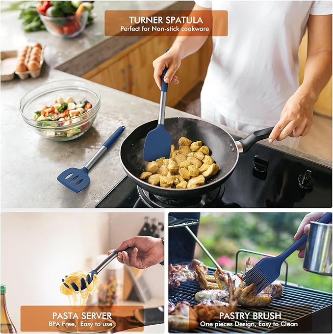 HOTEC 446°F Heat Resistant Silicone Kitchen Utensils, BPA Free Cooking Utensil Set, Spatula Set, Kitchen Gadgets, with Stainless Steel Utensils Holder, Dishwasher Safe, 14pcs Classic Blue - Image 5