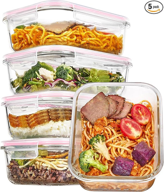 Vtopmart 5 Pack 35oz Glass Food Storage Containers with Lids, Meal Prep Containers, Airtight Reusable Lunch Container Set, Safe for Oven, Microwave, Freezer, and Dishwasher, Pink by Vtopmart