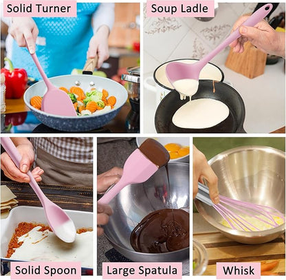 Silicone Cooking Utensils Set of 10, Leonyo Black Kitchen Utensils Set for Cooking, 446°F Heat Resistant Silicone Kitchen Tools with Turner Spatula, Soup Ladle, Spoons for Nonstick Cookware, Pink