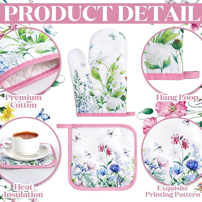 Leinuosen 6 Wild Flower Kitchen Towels Kitchen Decor and Accessories Set Floral Plant Oven Mitts and Pot Holders Sets Farmhouse Absorbent Dish Towels for Cooking Baking Grilling - Image 5
