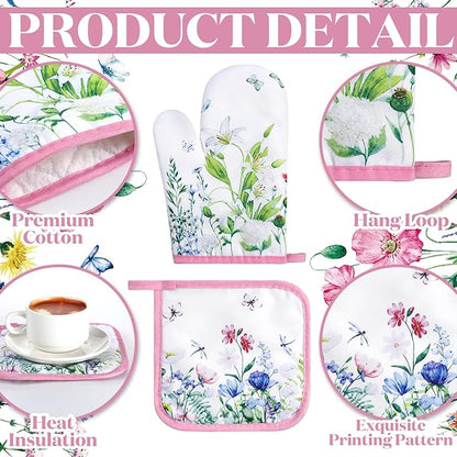 Leinuosen 6 Wild Flower Kitchen Towels Kitchen Decor and Accessories Set Floral Plant Oven Mitts and Pot Holders Sets Farmhouse Absorbent Dish Towels for Cooking Baking Grilling - Image 5