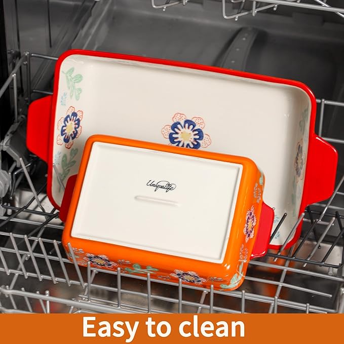 Ceramic Baking Dish Set of 2, 3QT & 1.2QT Stoneware Casserole Dishes for Oven, Rectangular Bakeware with Handles, Oven Safe 480°F, Microwave Dishwasher Safe, Lasagna & Brownie Pan – Warm Orange