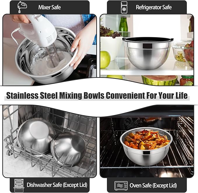 P&P CHEF Black Mixing Bowls with Lids, Set of 3, Stainless Steel Salad Nesting Bowl for Mixing, Storing, Prepping, Airtight & Stackable, Size 4.6/3 /1.5 QT - Image 5