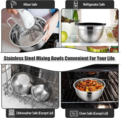 P&P CHEF Black Mixing Bowls with Lids, Set of 3, Stainless Steel Salad Nesting Bowl for Mixing, Storing, Prepping, Airtight & Stackable, Size 4.6/3 /1.5 QT - Image 5